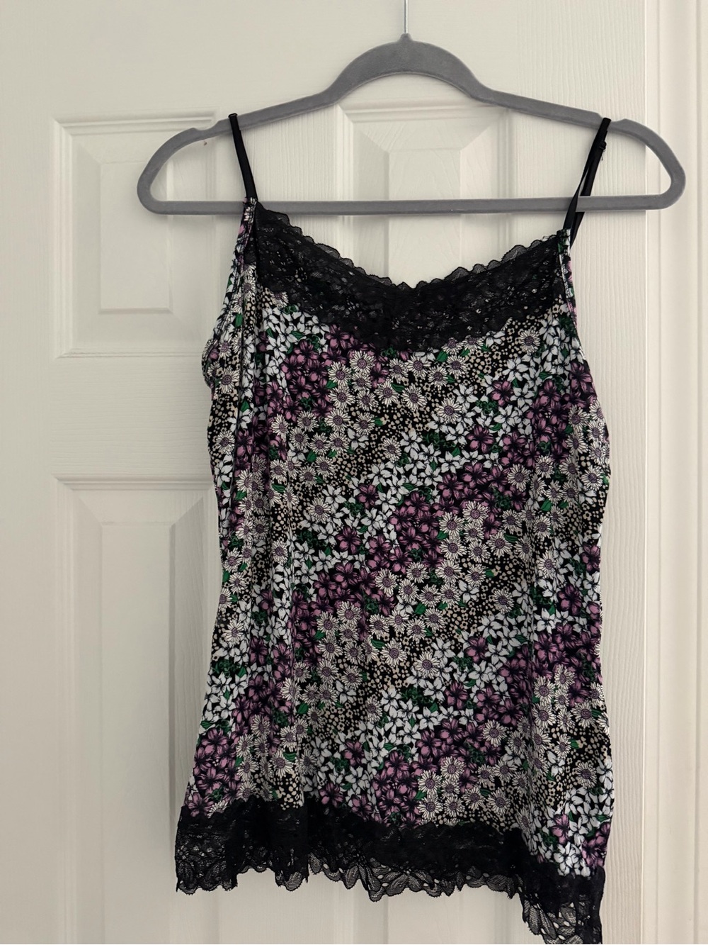 Floral Lace-Trim Cami Tank Top - Purple & Black